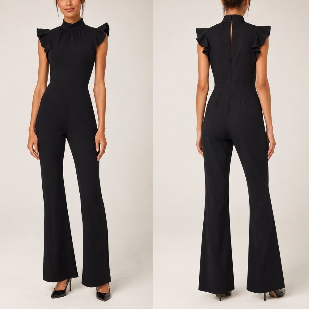 Amanda Uprichard X Revolve Davina Jumpsuit M Black Ruffle Sleeve Wide Leg